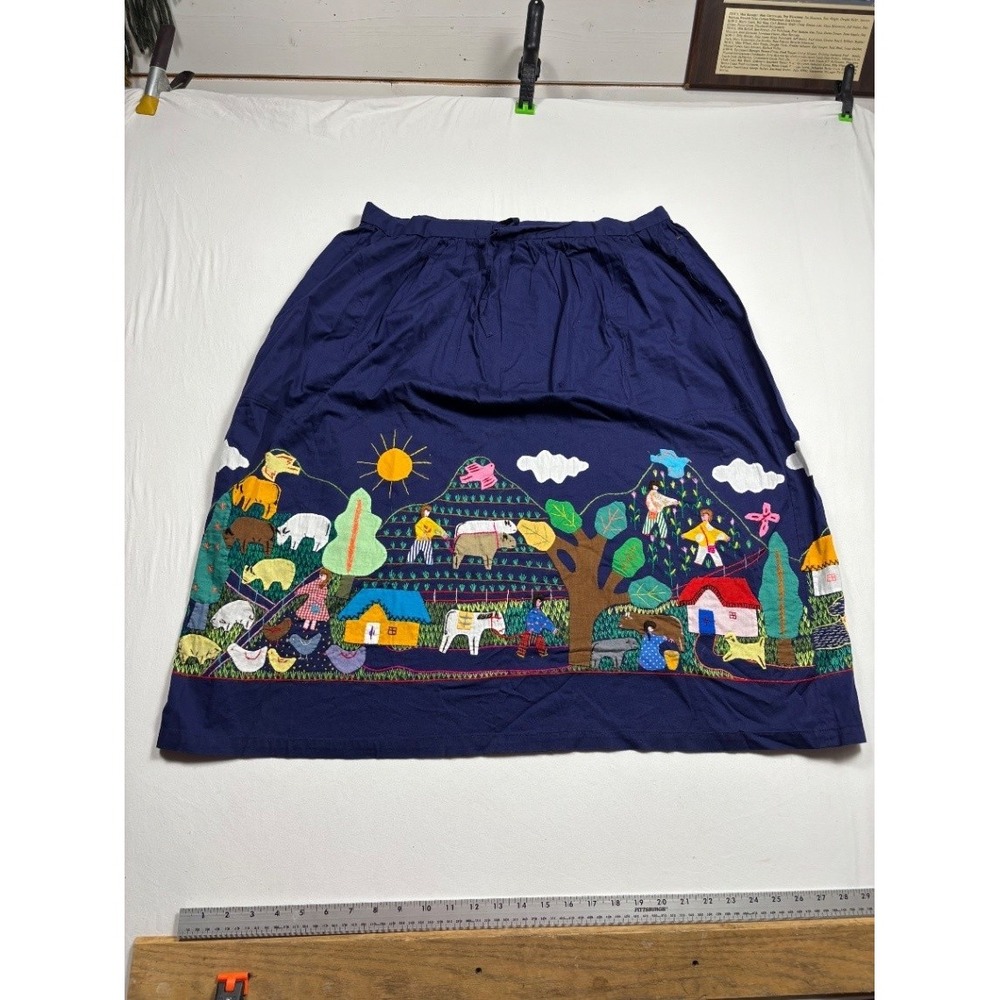 Vintage Handmade Folk Art Embroidered Navy Blue A Line Maxi Skirt One Size
